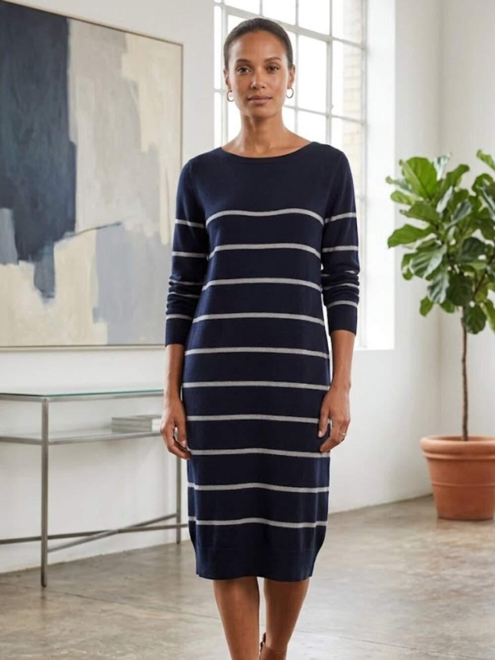 J Jill Size Large Long Sleeve Sweater Dress Navy Stripe Nautical Modest Preppy